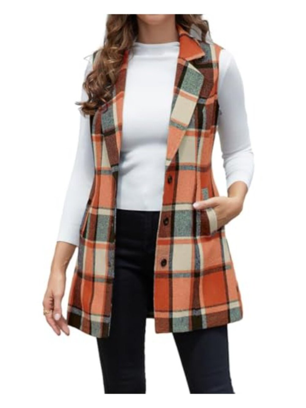 Sleeveless Plaid Vest Notch Lapel Wool Blend Blazer Jacket